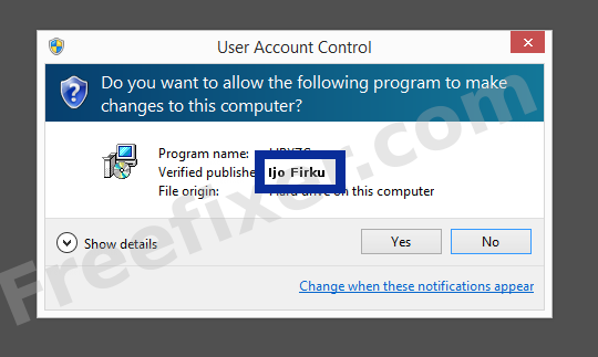 Screenshot where Ijo Firku appears as the verified publisher in the UAC dialog